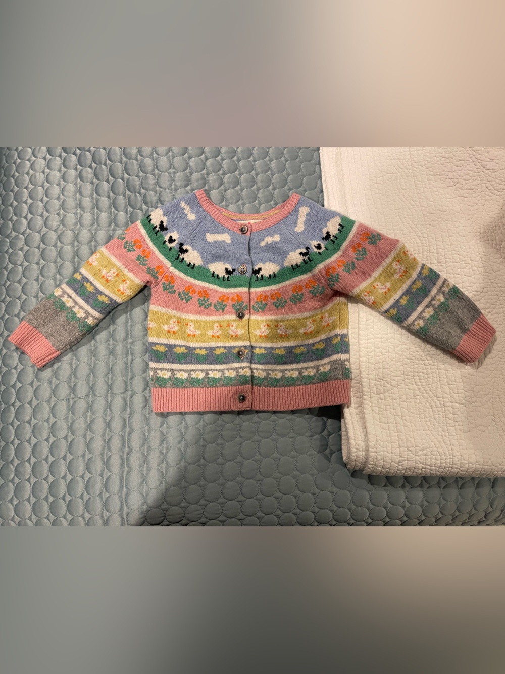 Mini Boden Edie Pastel Fair Isle Kids Cardigan Sheep Flower Duck Sz 18-24 Months